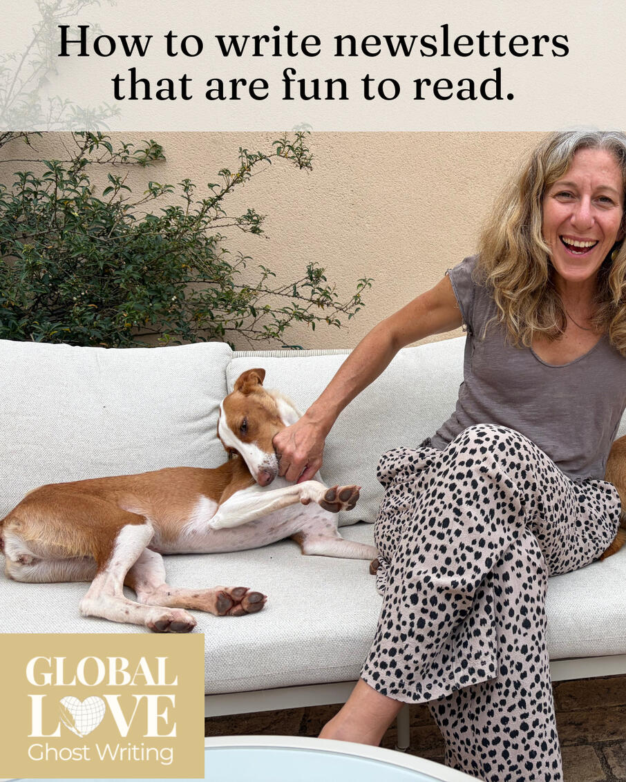 Liz and dog at Savi Co-living Liz Brown Morgan laughing on a patio sofa with a brown-and-white dog, branded Global Love Ghost Writing, with the words "How to write newsletters that are fun to read."