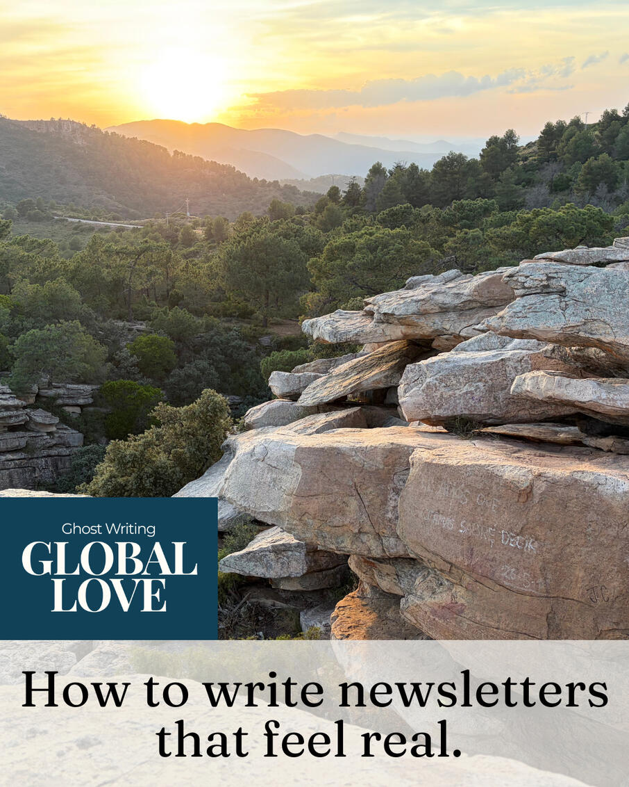 Sunset and rocks near Savi Co-living Spain Sunset over forested mountains and rocky cliffs in Spain, with the words "How to write newsletters that feel real."